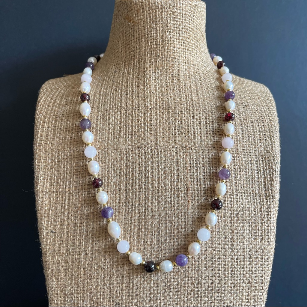 Stauer Genuine Freshwater Pearl Amethyst Garnet Beaded Necklace 125$